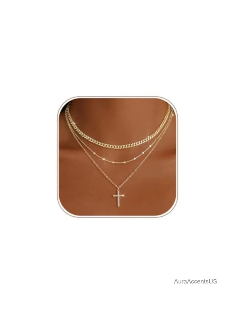 Layered Gold Plated Necklace Set with Cross Pendant